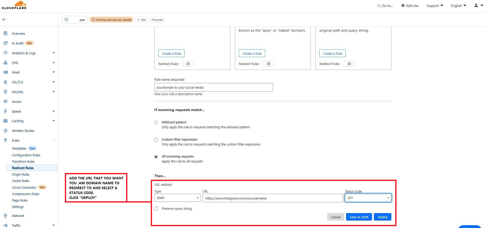 CF REDIRECT RULE URL DEPLOY2A